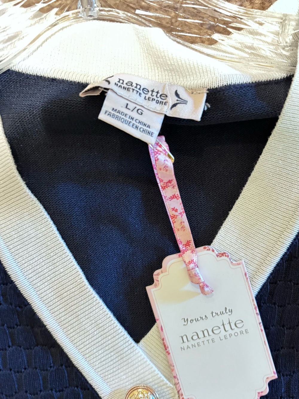 Nanette Lepore Navy Cardigan with Cream Trim - Picture 4 of 5